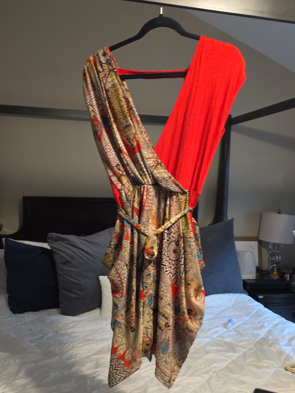 Asymmetrical One-Shoulder Dress in Red and Multicolor Print
